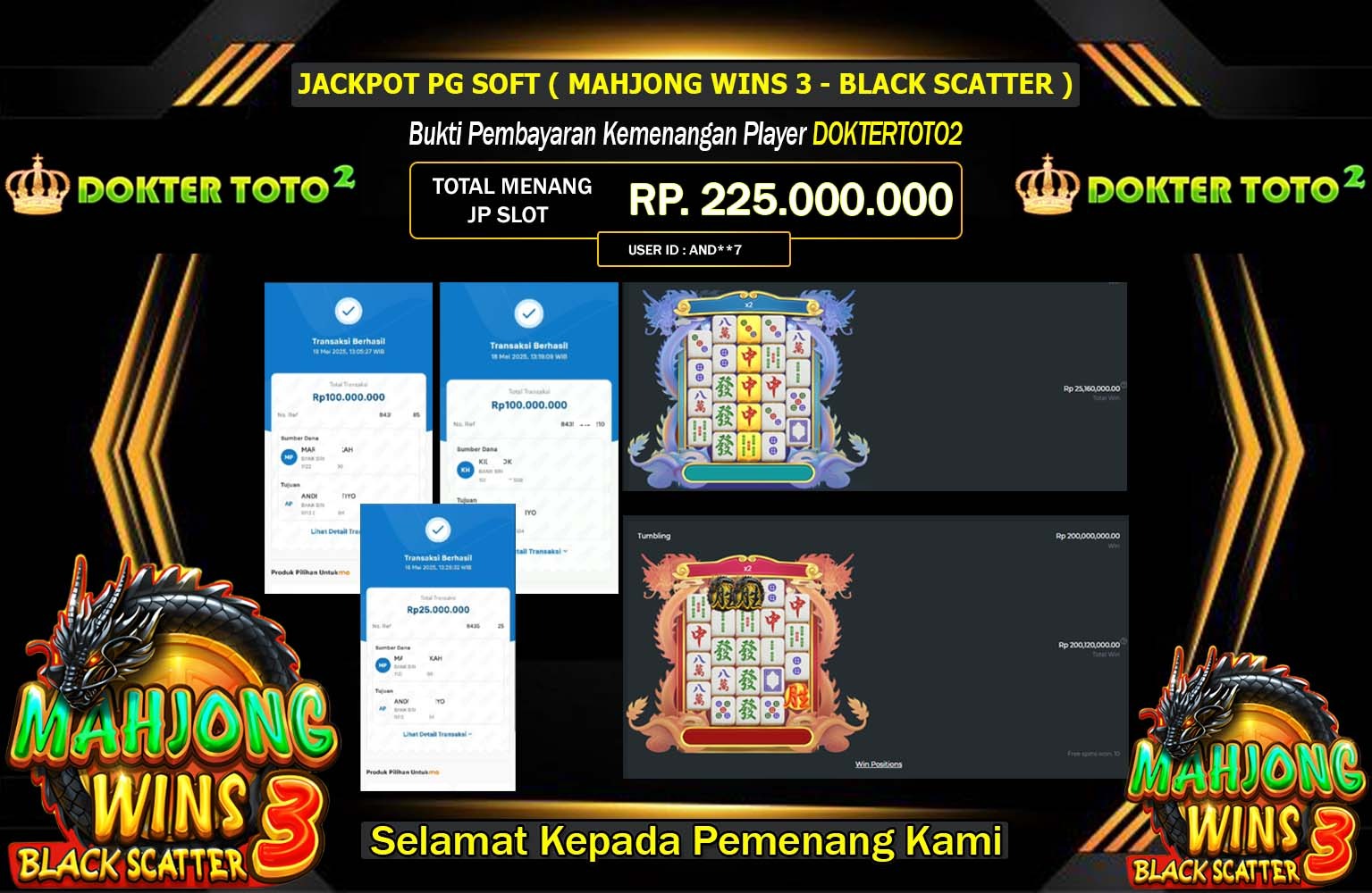 DOKTERTOTO2 JACKPOT Pragmatic (Mahjong Wins 3 - Black Scatter) Rp.225.000.000,- LUNAS