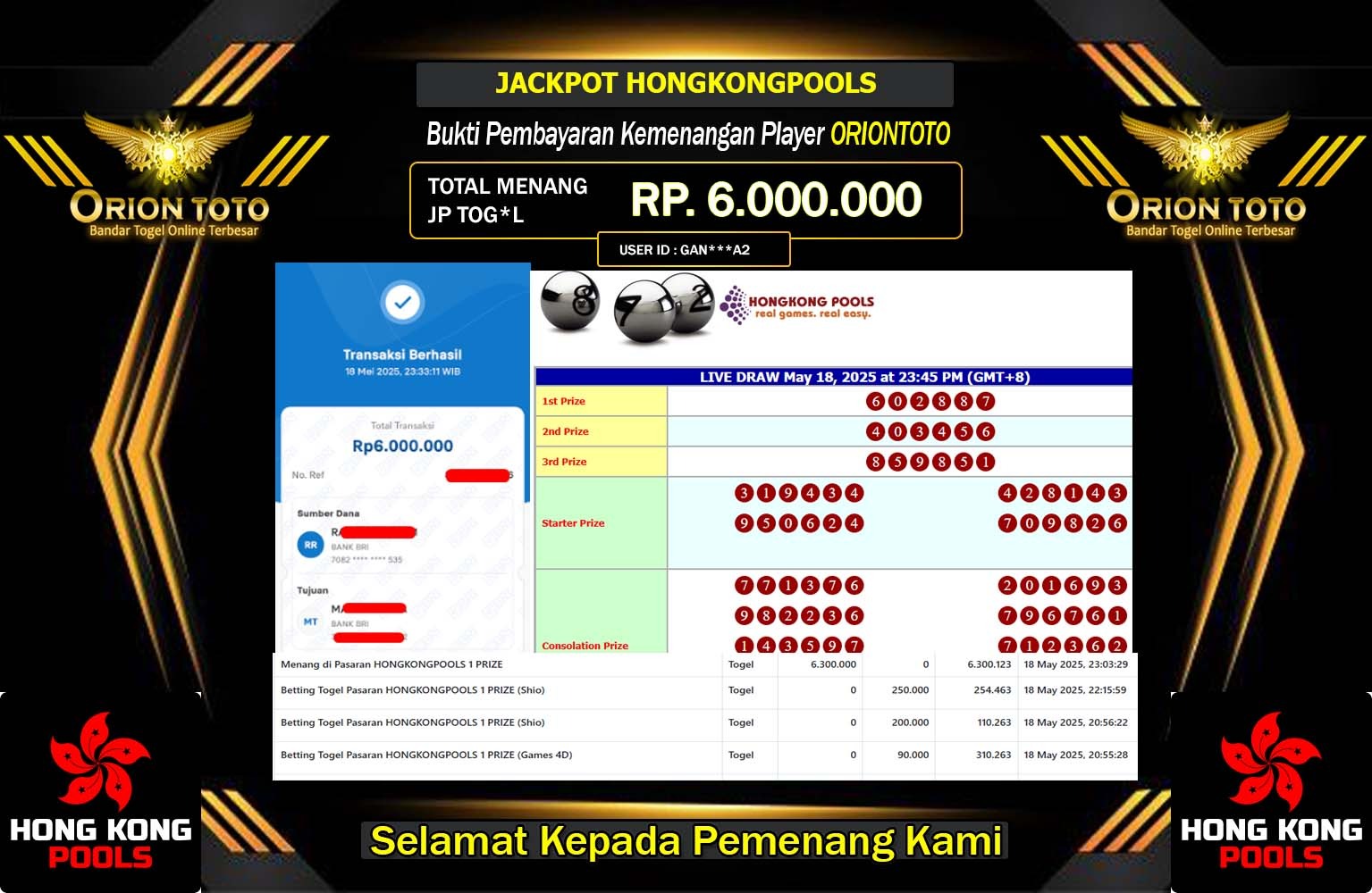 ORIONTOTO JACKPOT HONGKONGPOOLS  Rp.6.000.000,- LUNAS