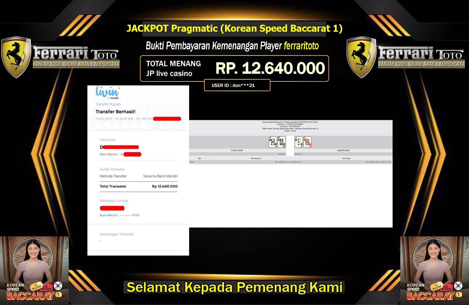 FERRARITOTO JACKPOT Pragmatic (Korean Speed Baccarat 1) Rp.12.640.000,- LUNAS
