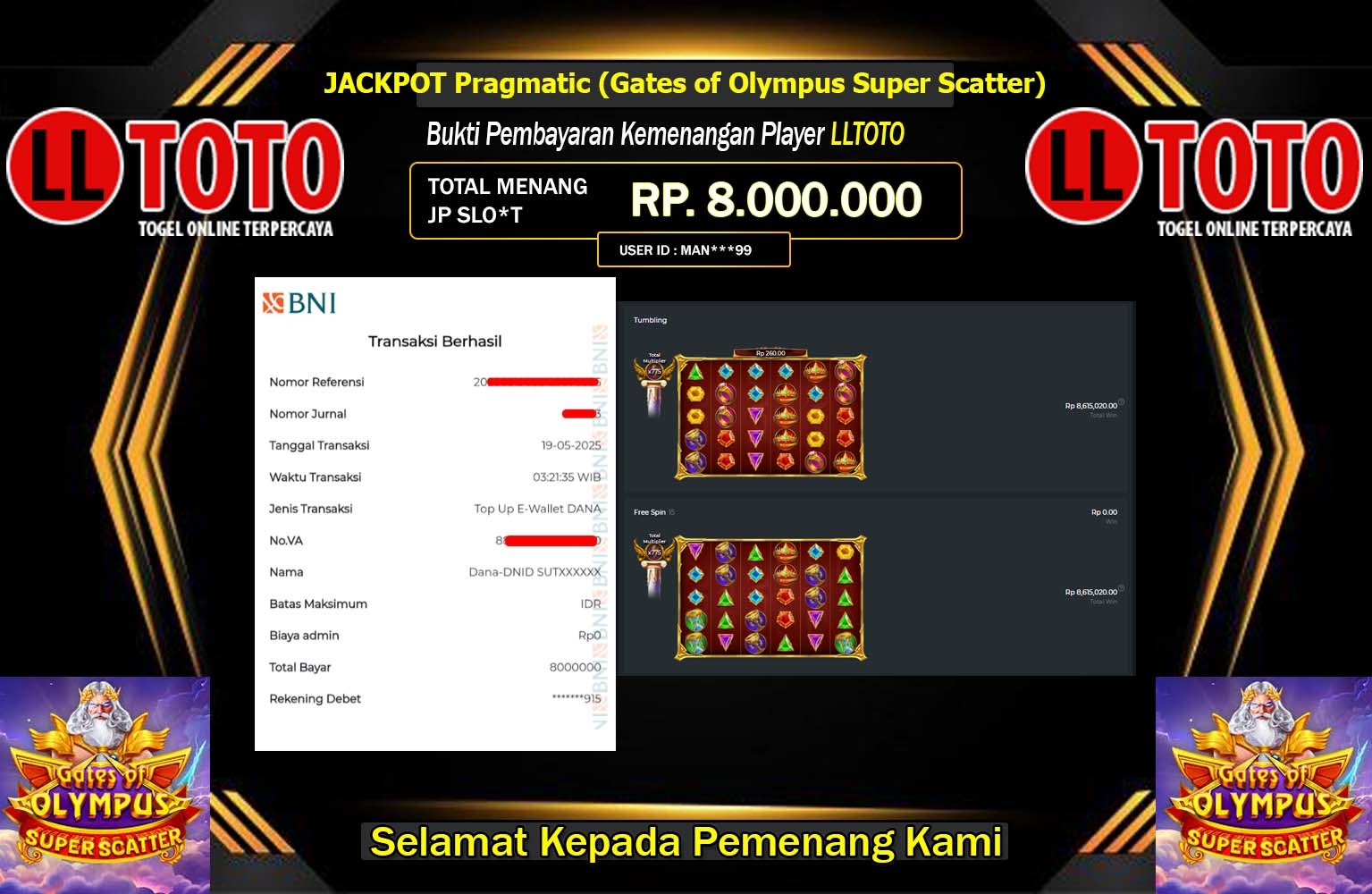 LLTOTO JACKPOT Pragmatic (Gates of Olympus Super Scatter) Rp.8.000.000,- LUNAS