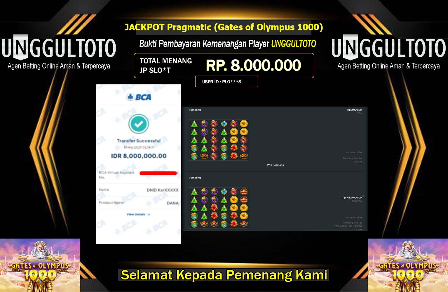 UNGGULTOTO JACKPOT Pragmatic (Gates of Olympus 1000) Rp.8.000.000,- LUNAS