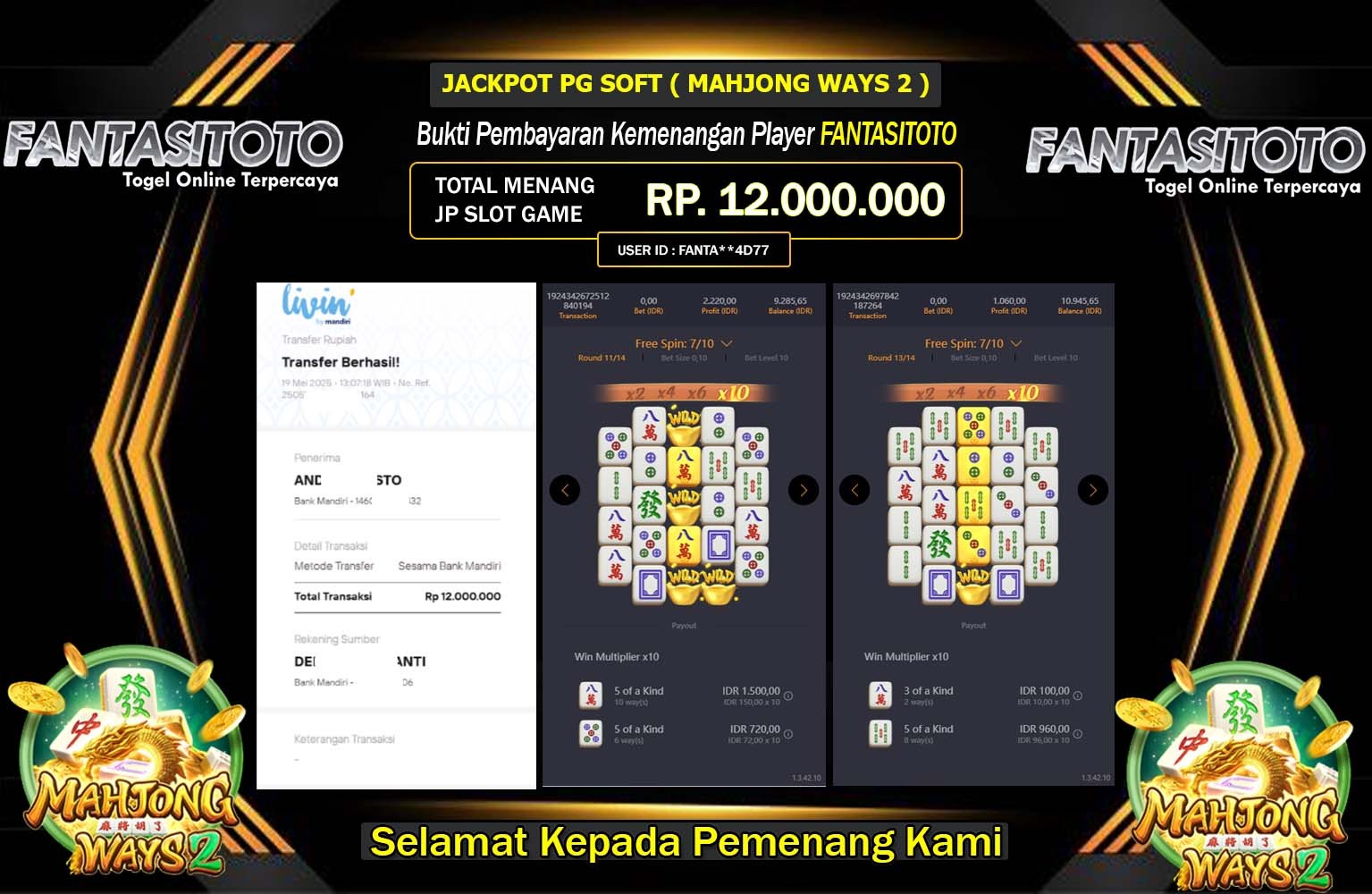 FANTASITOTO JACKPOT PG SOFT MAHJONG WAYS 2 Rp.12.000.000,- LUNAS