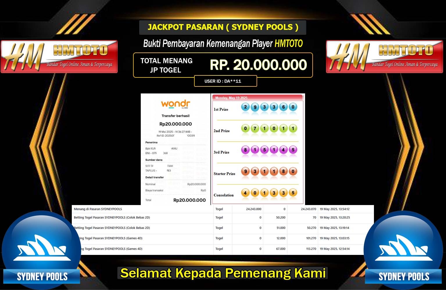 HMTOTO JACKPOT SYDNEY POOLS Rp.20.000.000,- LUNAS