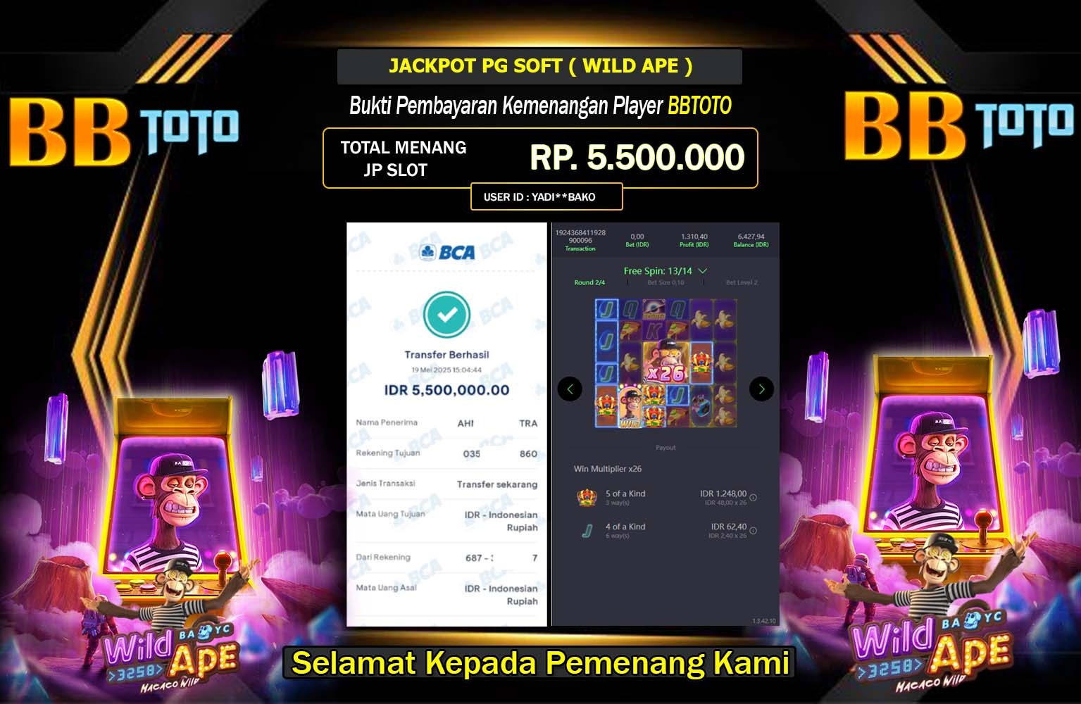 DOKTERTOTO2 JACKPOT PG SOFT WILD APE Rp.5.500.000,- LUNAS