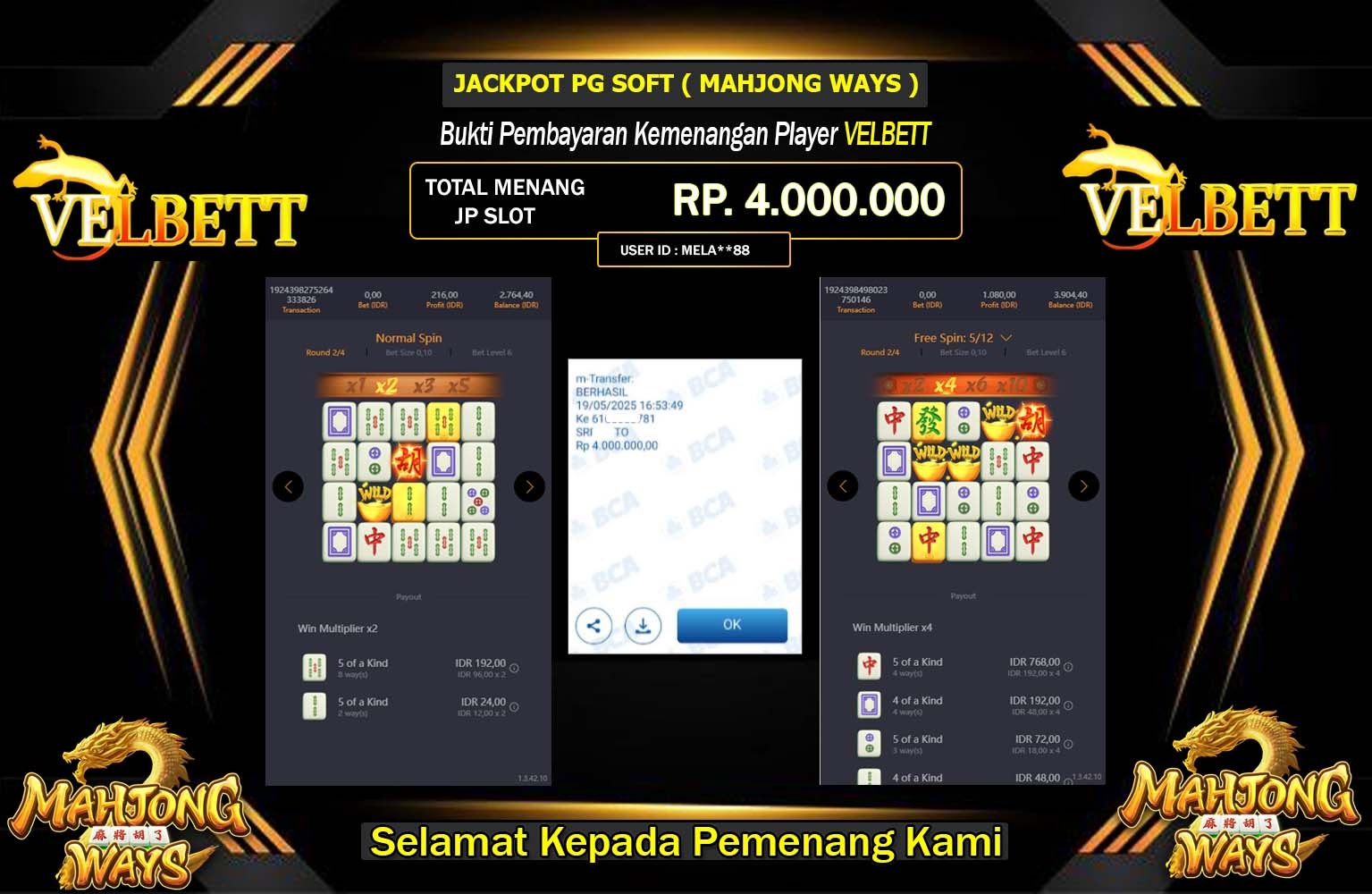VELBETT JACKPOT Pg Soft (Mahjong Ways) Rp.4.000.000,- LUNAS