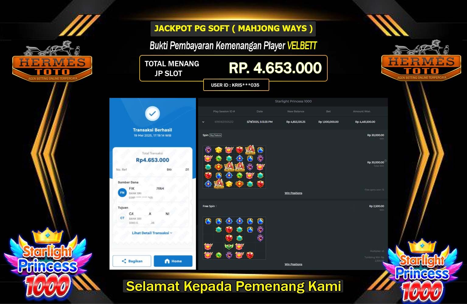 HERMESTOTO JACKPOT Pragmatic (Starlight Princess 1000) Rp.4.653.000,- LUNAS