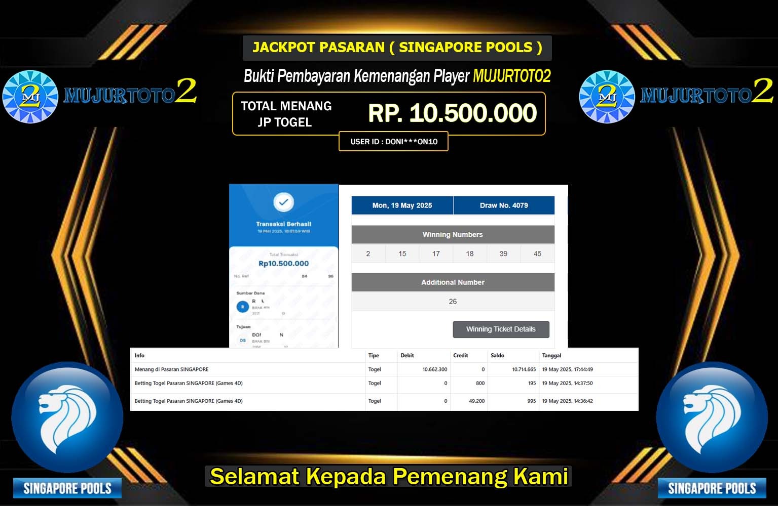 MUJURTOTO2 JACKPOT SINGAPORE POOLS Rp.10.500.000,- LUNAS
