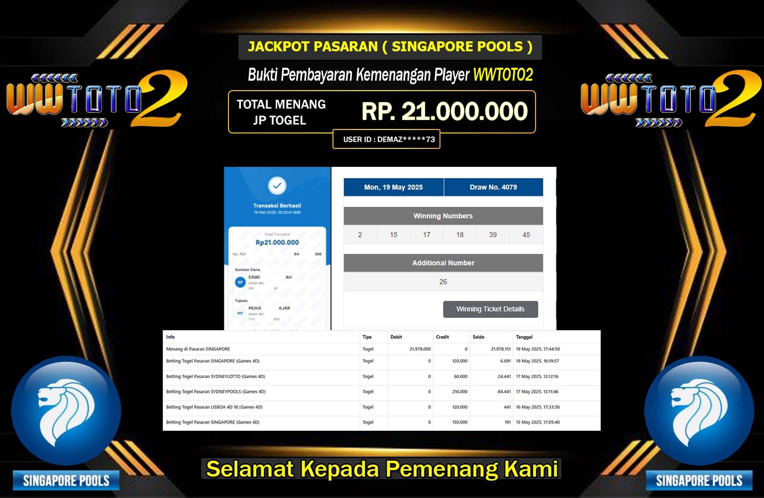 WWTOTO2 JACKPOT SINGAPORE POOLS Rp.21.000.000,- LUNAS