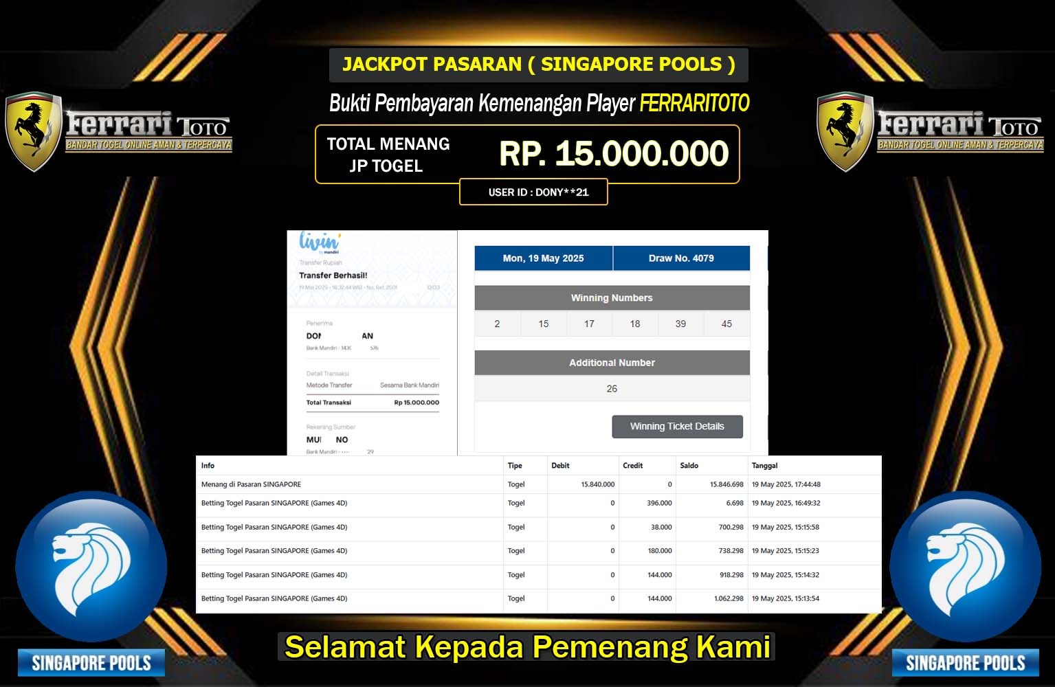 FERRARITOTO JACKPOT SINGAPORE POOLS Rp.15.000.000,- LUNAS