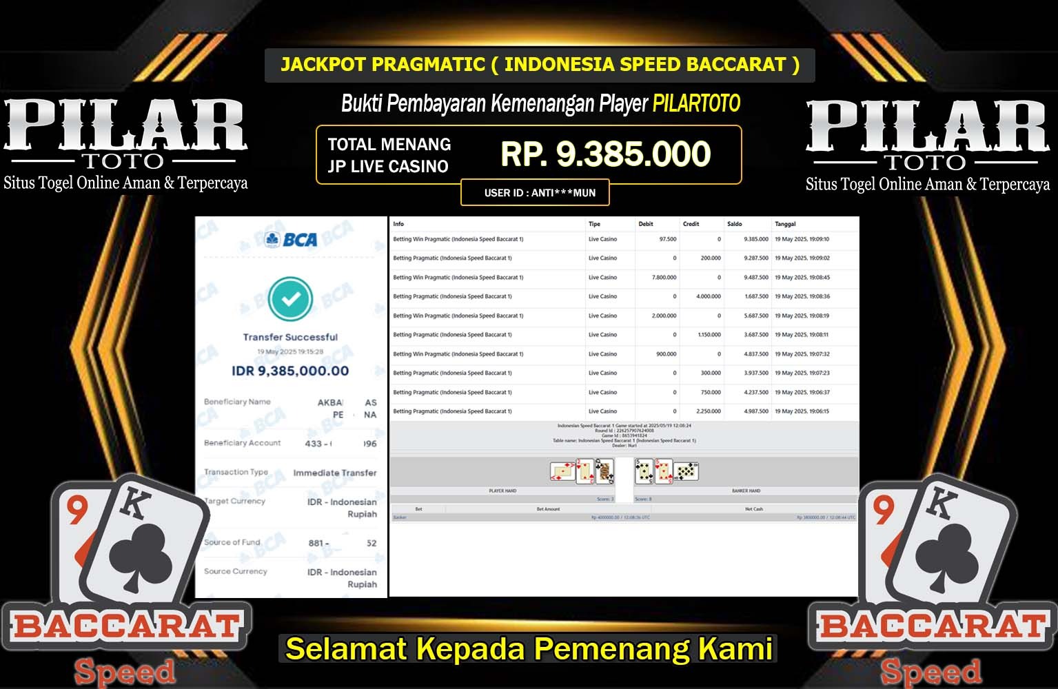 PILARTOTO JACKPOT Pragmatic (Indonesia Speed Baccarat 1) Rp.9.385.000,- LUNAS
