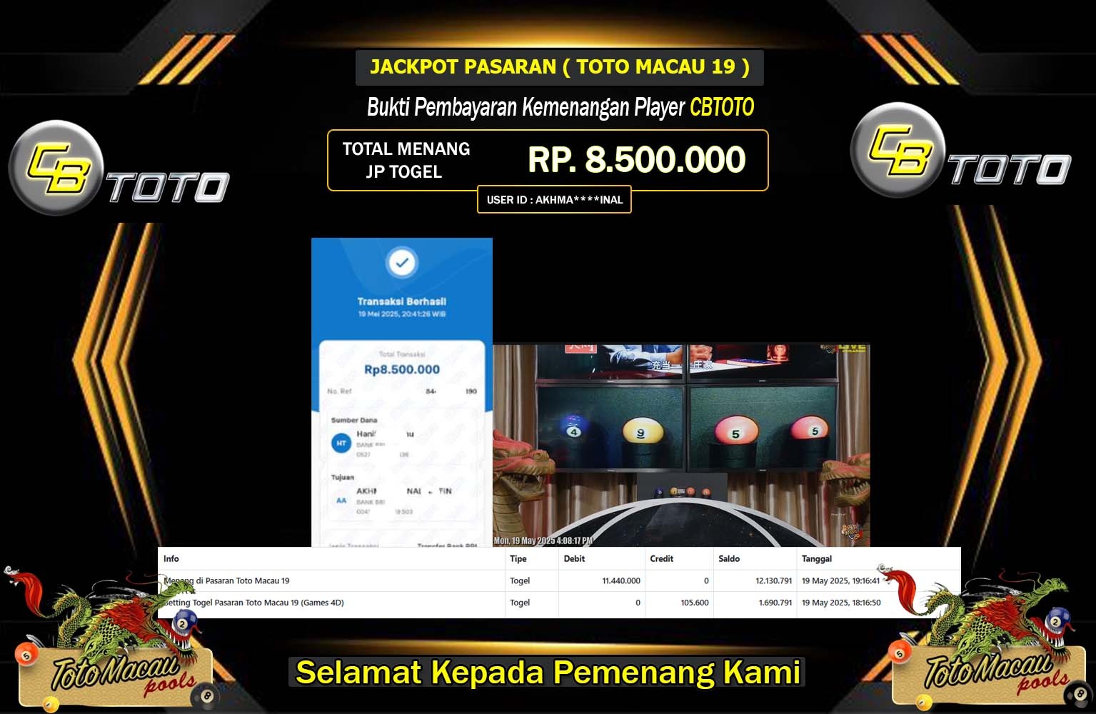 CBTOTO JACKPOT TOTO MACAU 19PM Rp.8.500.000,- LUNAS