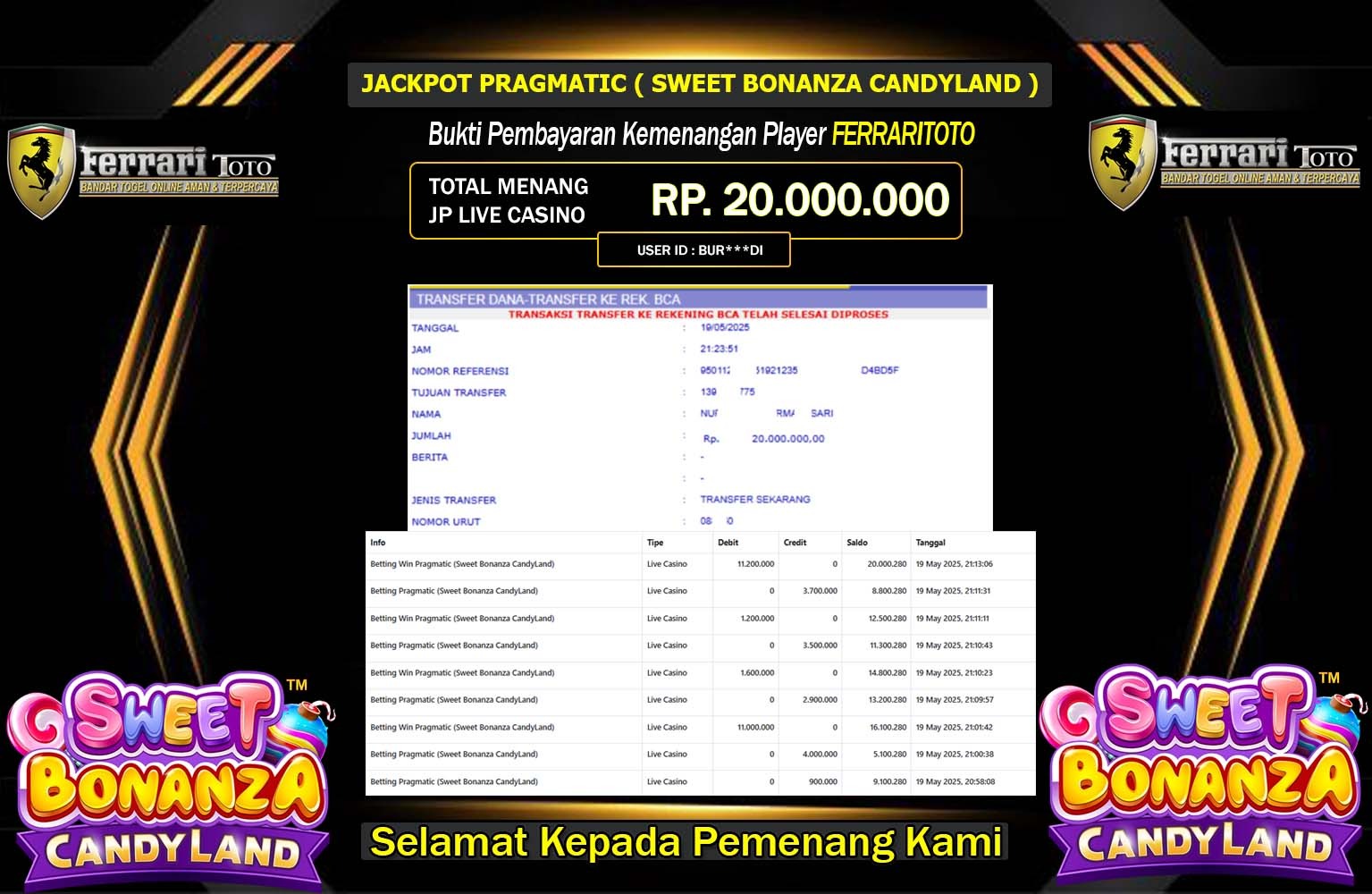 FERRARITOTO JACKPOT Pragmatic (Sweet Bonanza CandyLand) Rp.20.000.000,- LUNAS