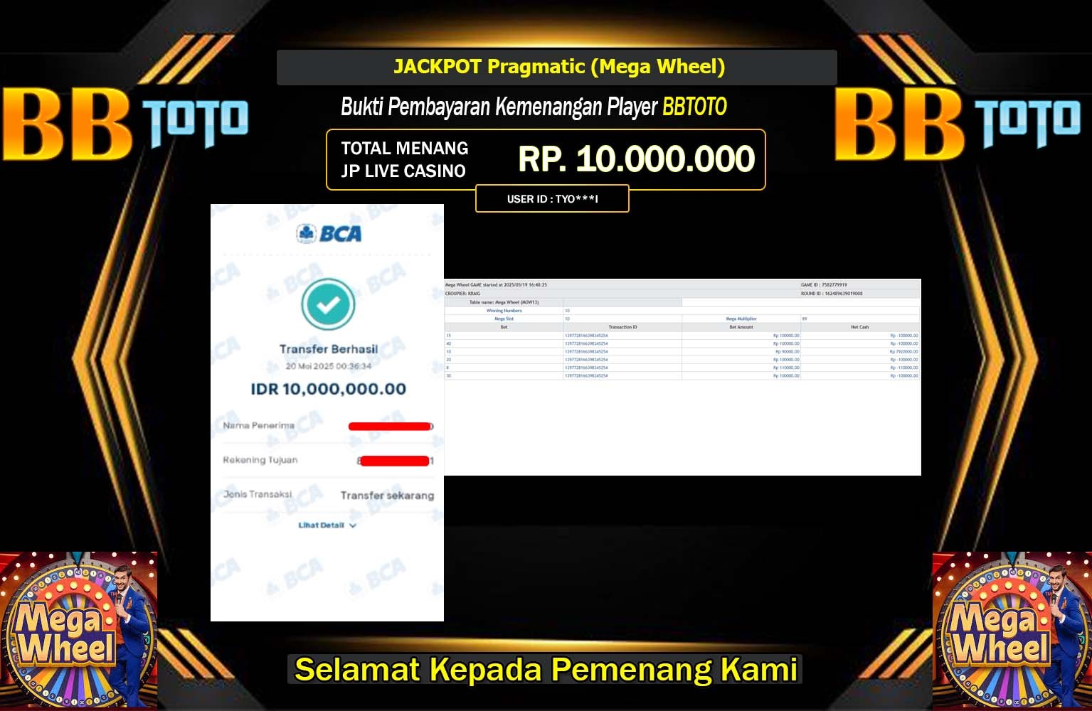 BBTOTO JACKPOT Pragmatic (Mega Wheel) Rp.10.000.000,- LUNAS