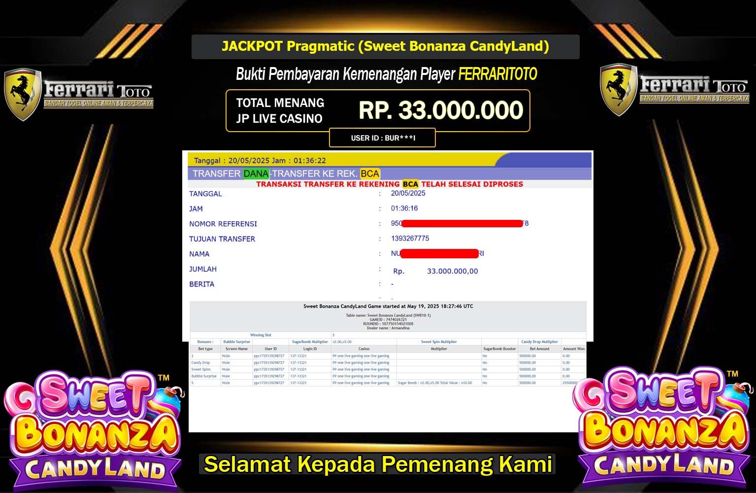 FERRARITOTO JACKPOT Pragmatic (Sweet Bonanza CandyLand) Rp.33.000.000,- LUNAS