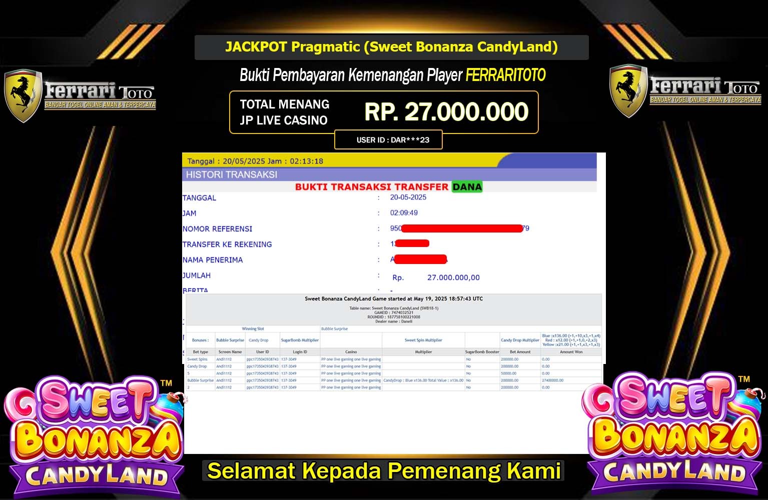 FERRARITOTO JACKPOT Pragmatic (Sweet Bonanza CandyLand) Rp.27.000.000,- LUNAS