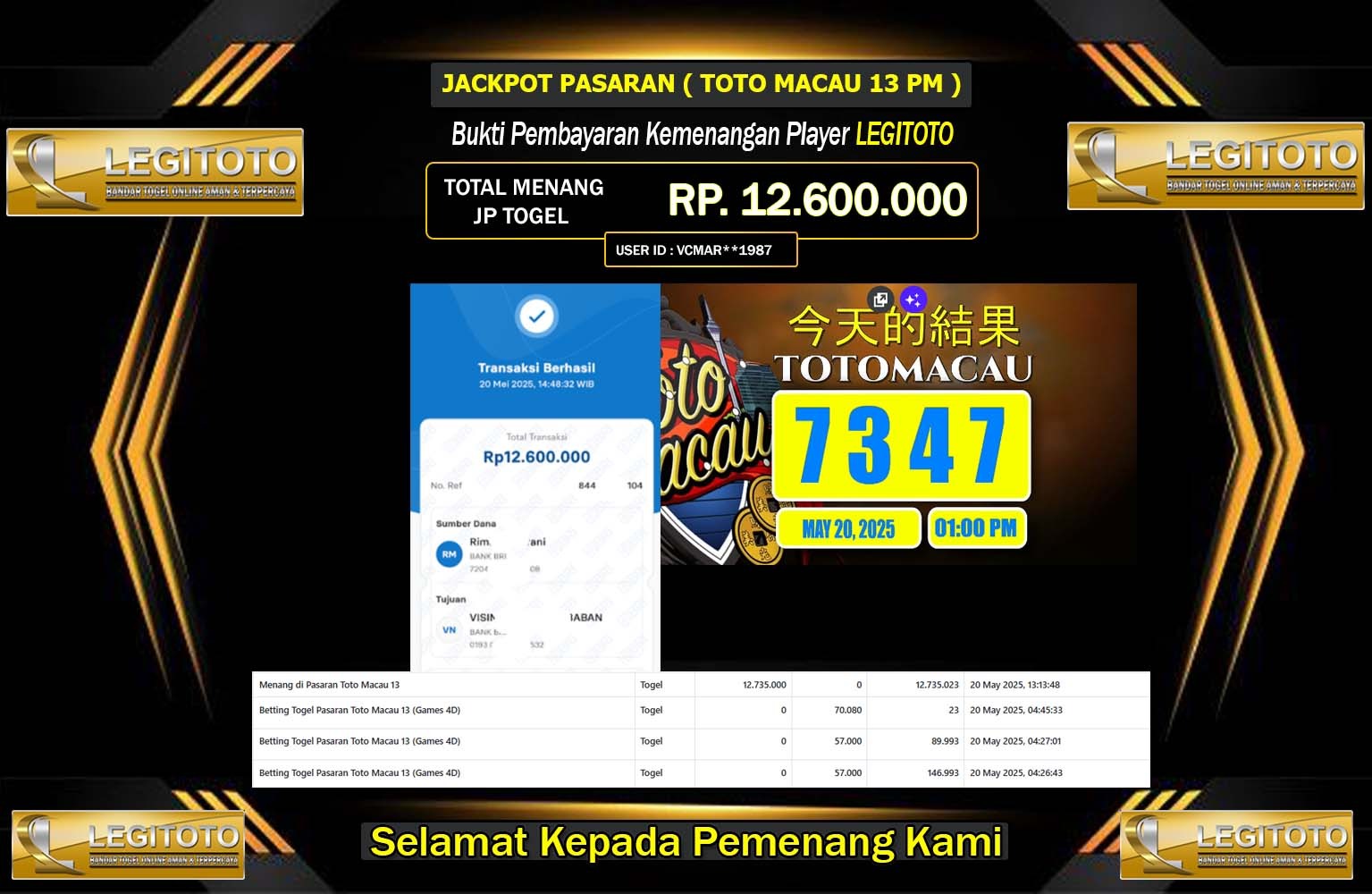 LEGITOTO JACKPOT TOTO MACAU Rp.12.600.000,- LUNAS