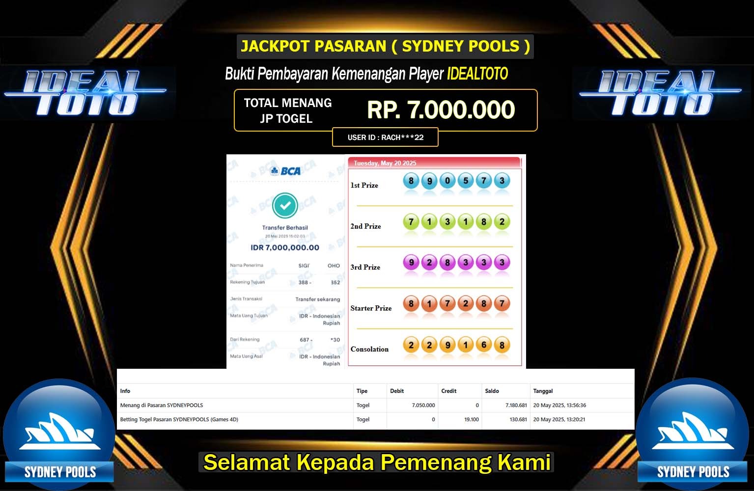 IDEALTOTO JACKPOT SYDNEY POOLS Rp.7.000.000,- LUNAS