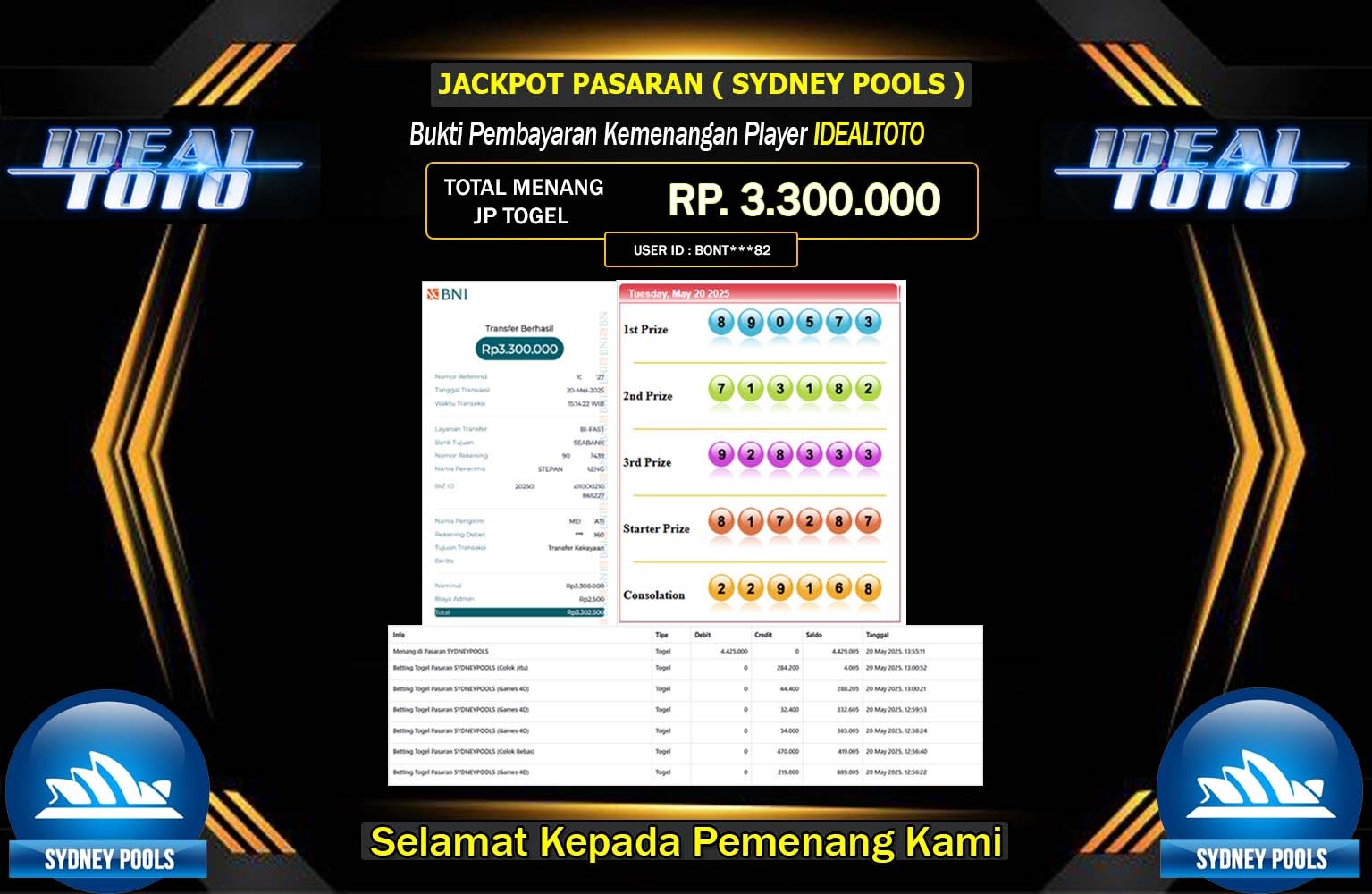 IDEALTOTO JACKPOT SYDNEY POOLS Rp.3.300.000,- LUNAS