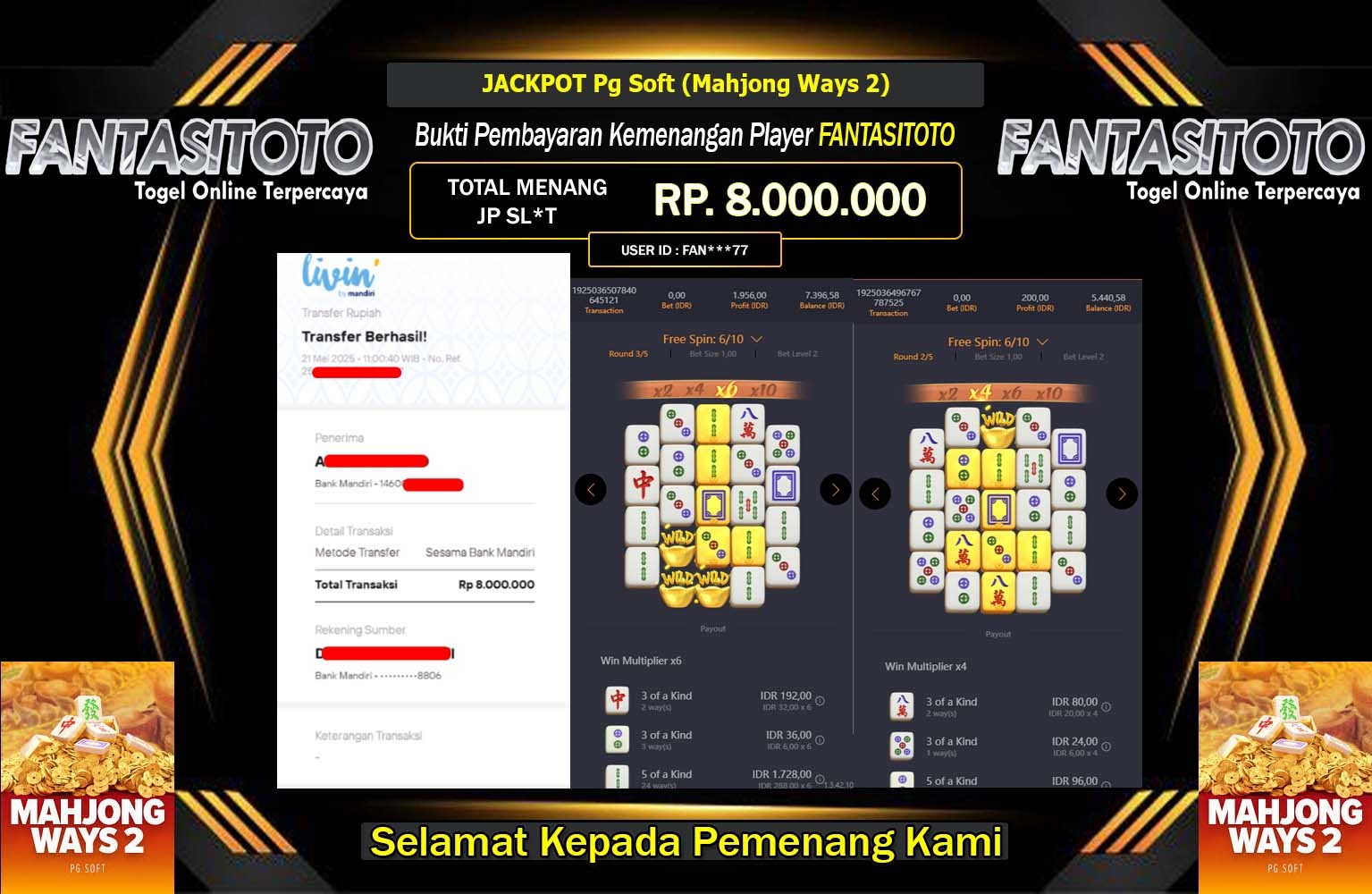 FANTASITOTO JACKPOT Pg Soft (Mahjong Ways 2) Rp.8.000.000,- LUNAS