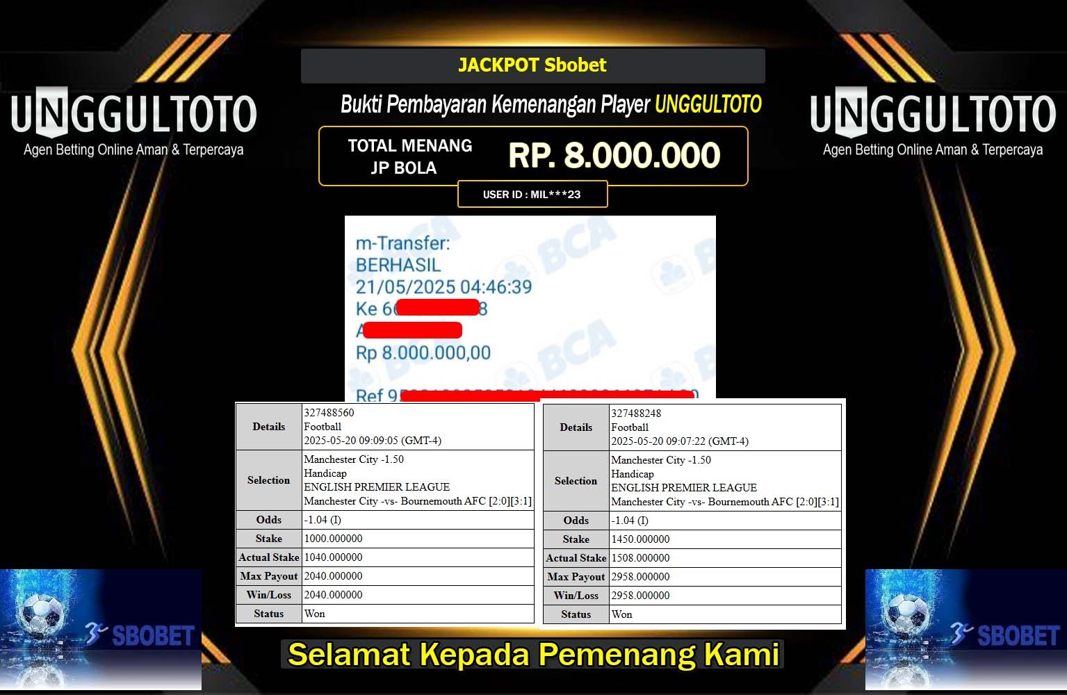 UNGGULTOTO JACKPOT SBOBET  Rp.8.000.000,- LUNAS