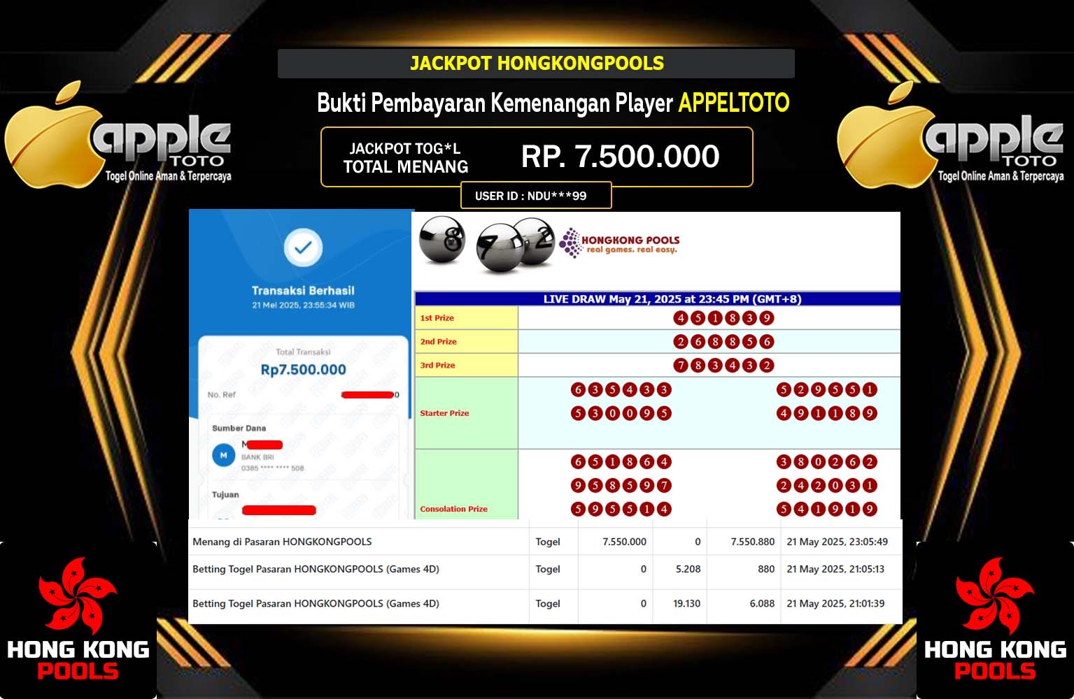 APPLETOTO JACKPOT HONGKONGPOOLS  Rp.7.500.000,- LUNAS