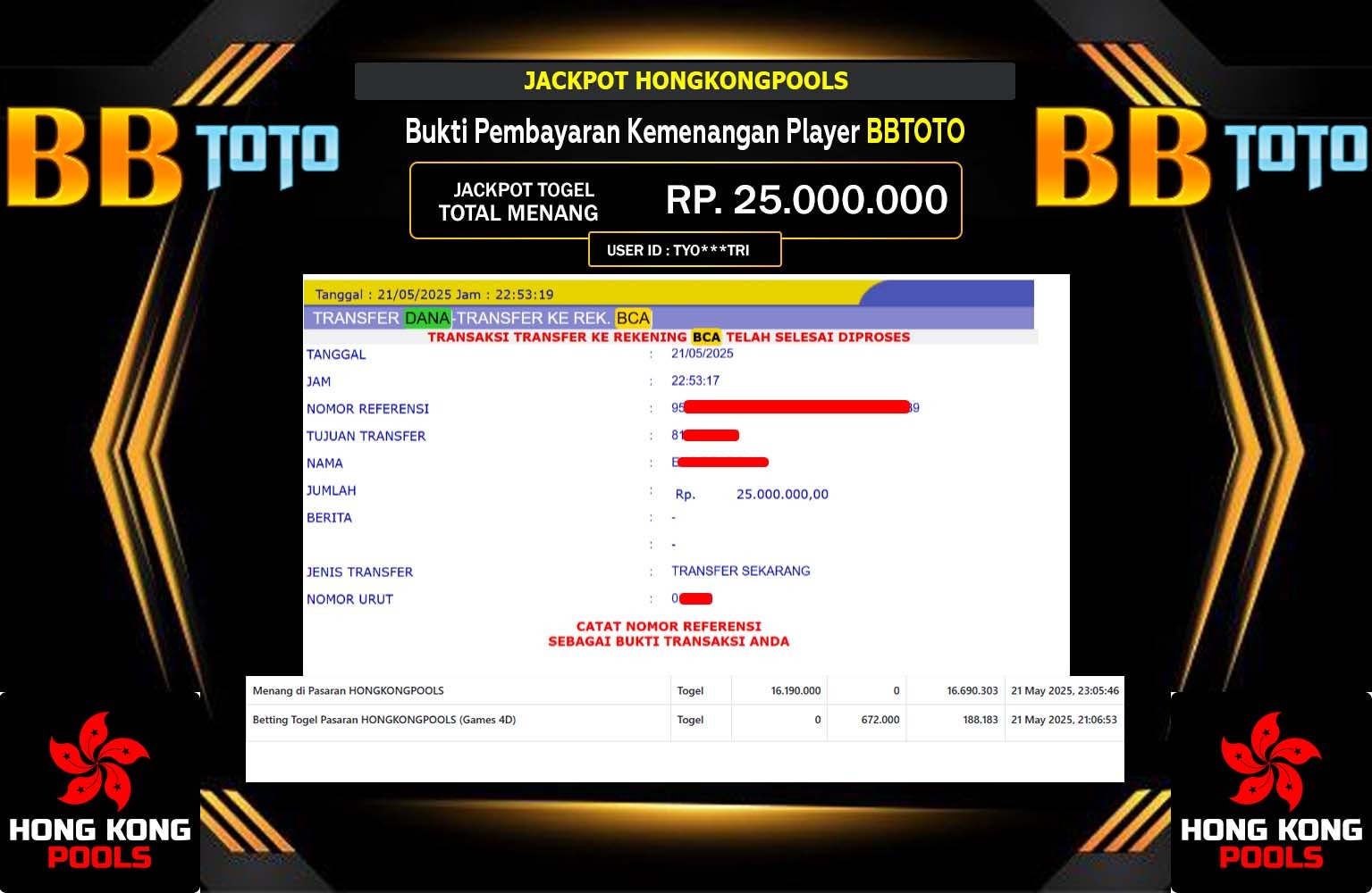 BBTOTO JACKPOT HONGKONGPOOLS  Rp.25.000.000,- LUNAS
