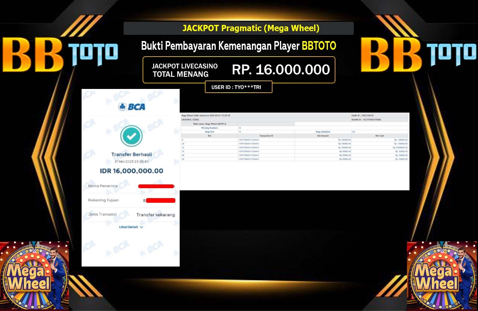 BBTOTO JACKPOT Pragmatic (Mega Wheel) Rp.16.000.000,- LUNAS