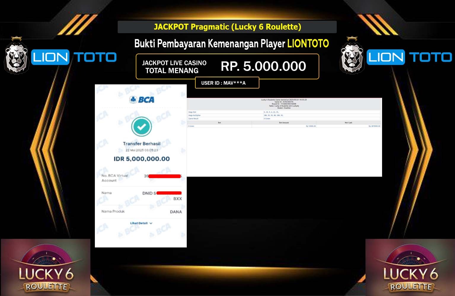 LIONTOTO JACKPOT Pragmatic (Lucky 6 Roulette) Rp.5.000.000,- LUNAS