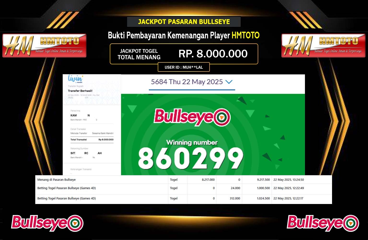 HMTOTO JACKPOT PASARAN BULLSEYE Rp.8.000.000,- LUNAS