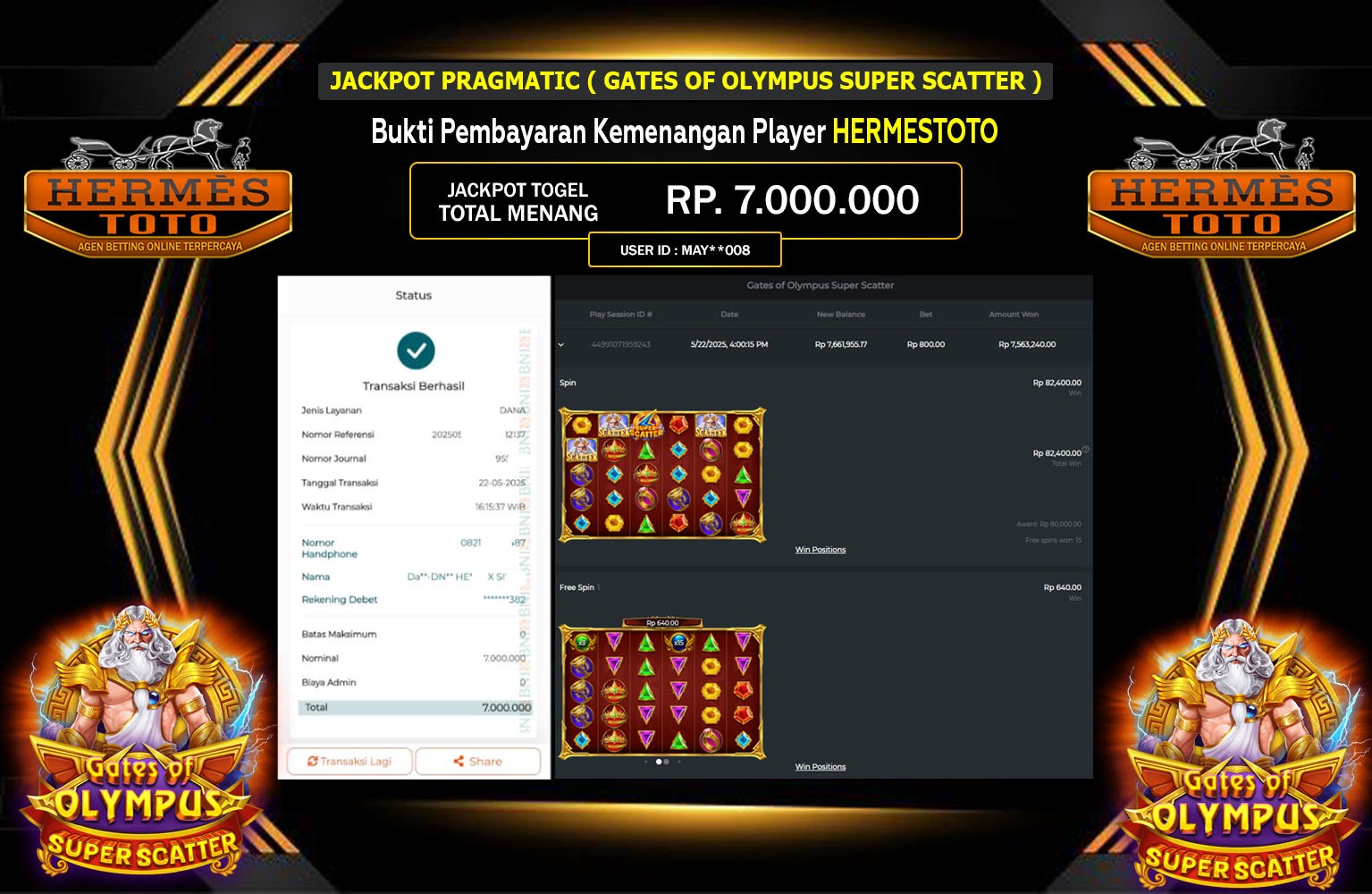 HERMESTOTO JACKPOT Pragmatic (Gates of Olympus Super Scatter) Rp.7.000.000,- LUNAS