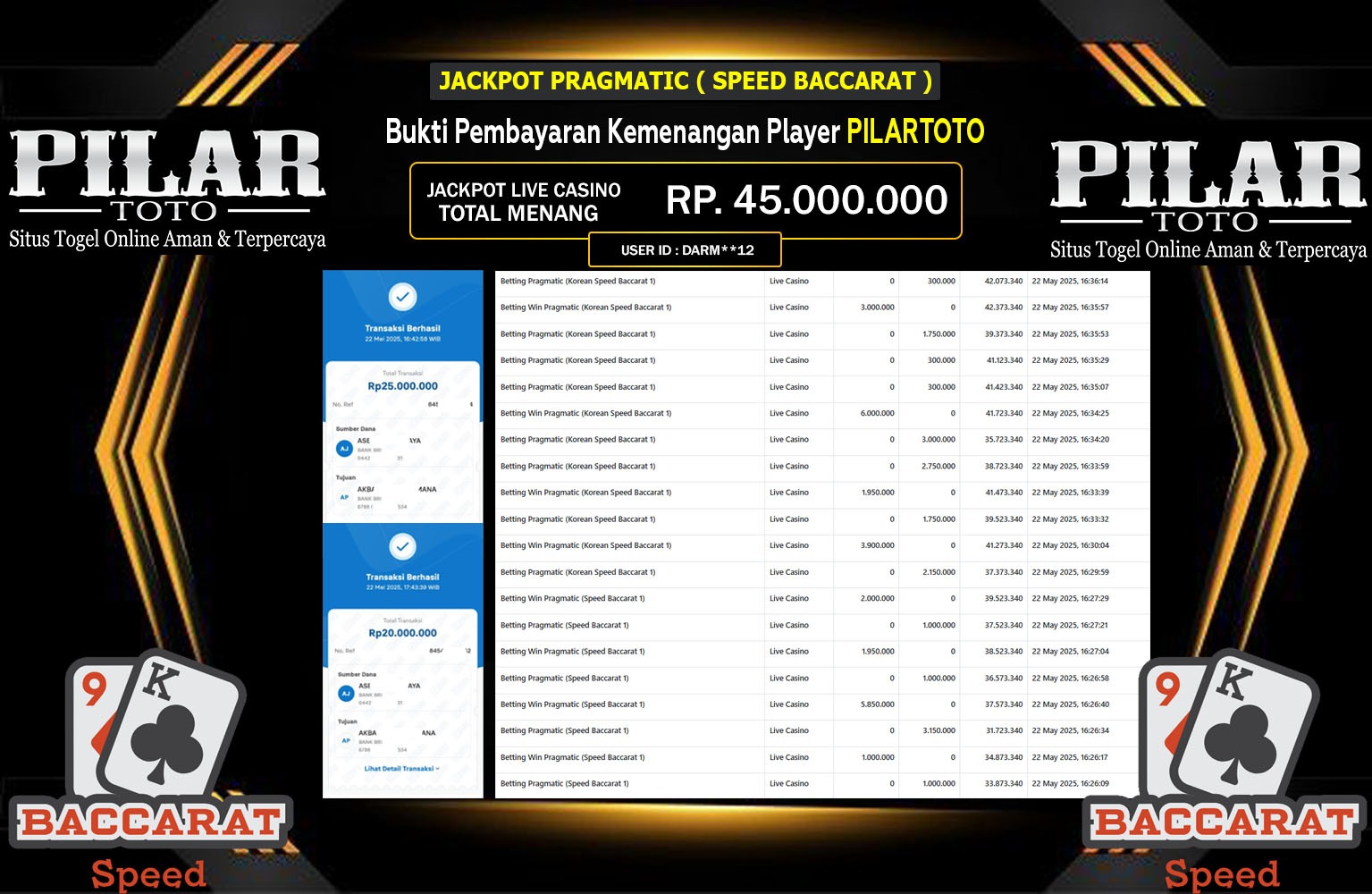 PILARTOTO JACKPOT SPEED BACCARAT Rp.45.000.000,- LUNAS