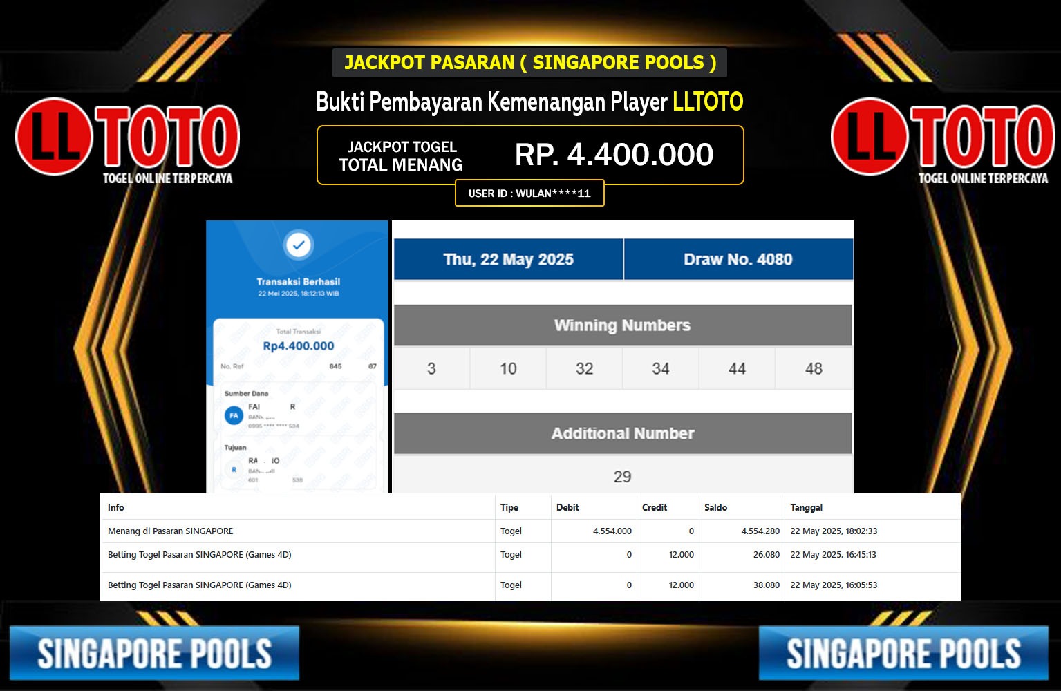 LLTOTO JACKPOT PASARAN SINGAPORE POOLS Rp.4.400.000,- LUNAS