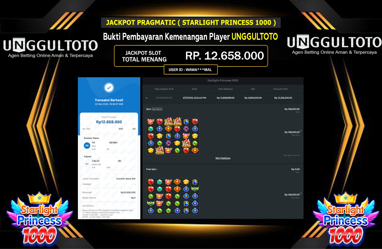 UNGGULTOTO JACKPOT Starlight Princess 1000 Rp.12.658.000,- LUNAS