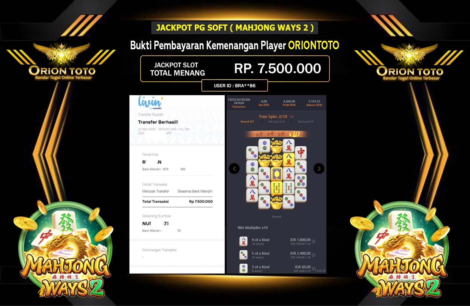 ORIONTOTO JACKPOT MAHJONG WAYS 2 Rp.7.500.000,- LUNAS