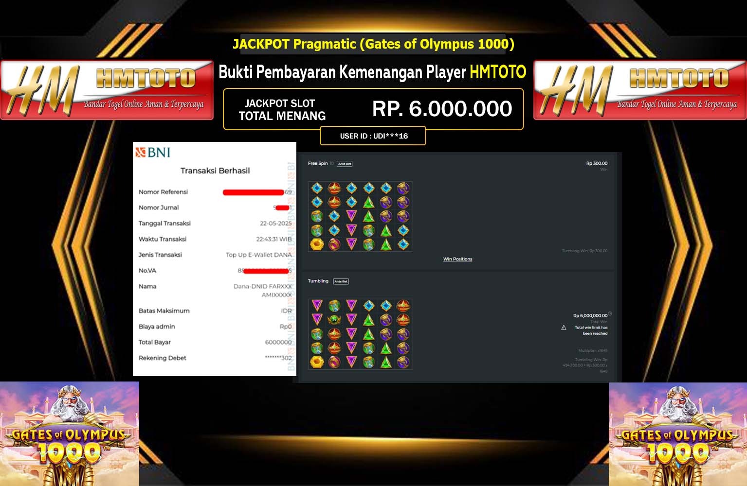 HMTOTO JACKPOT Pragmatic (Gates of Olympus 1000) Rp.6.000.000,- LUNAS