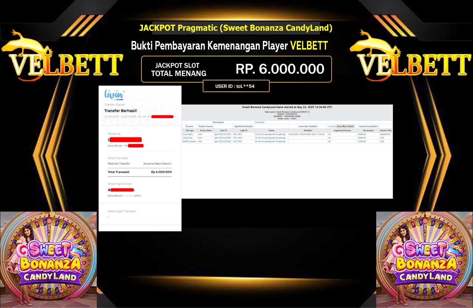 VELBETT JACKPOT Pragmatic (Sweet Bonanza CandyLand) Rp.6.000.000,- LUNAS