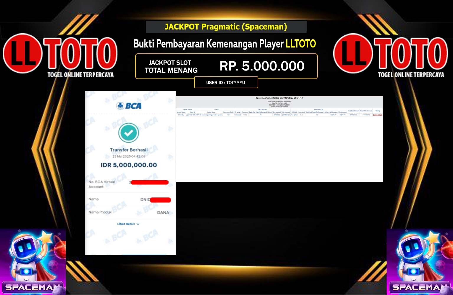 LLTOTO JACKPOT Pragmatic (Spaceman) Rp.5.000.000,- LUNAS