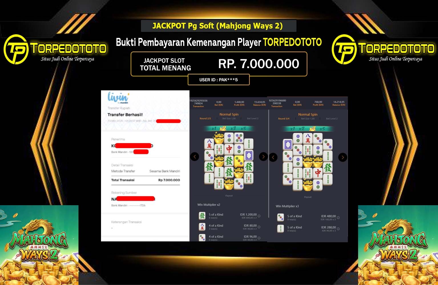 TORPEDOTOTO JACKPOT Pg Soft (Mahjong Ways ) Rp.7.000.000,- LUNAS