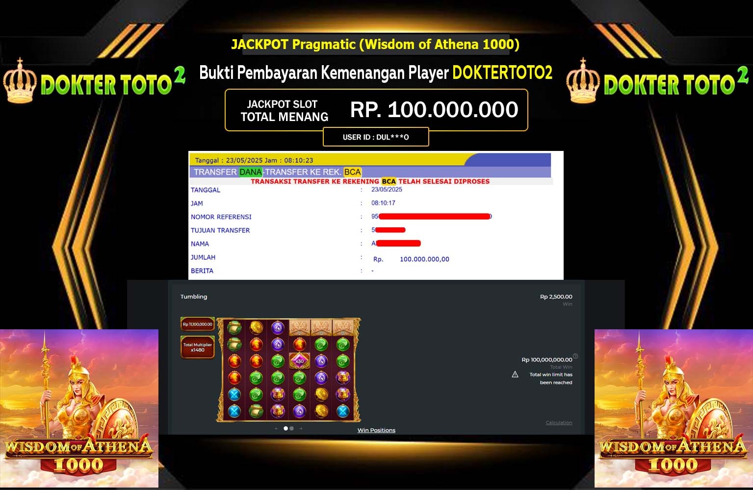DOKTERTOTO2 JACKPOT Pragmatic (Wisdom of Athena 1000) Rp.100.000.000,- LUNAS