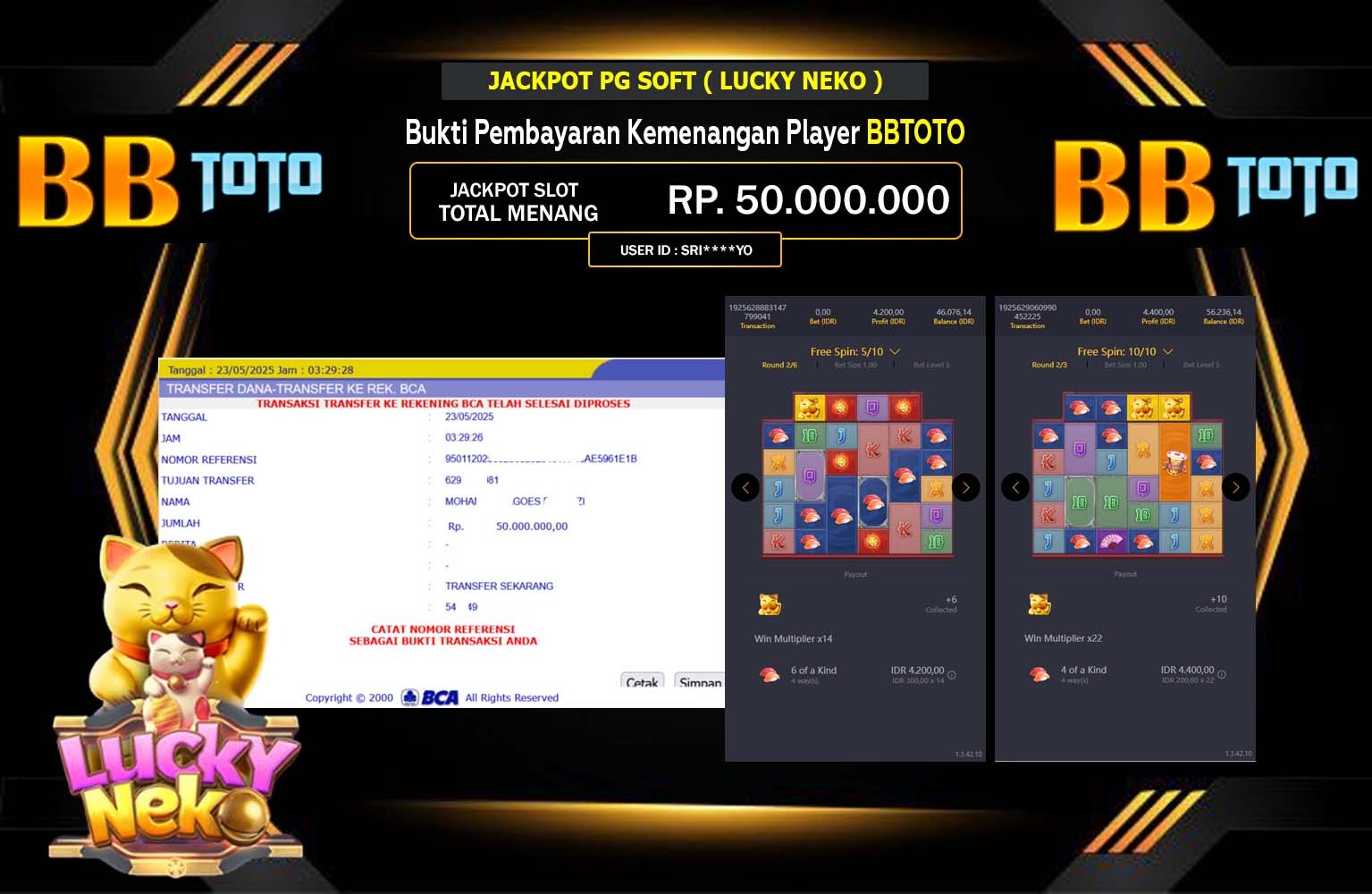 BBTOTO JACKPOT Pg Soft (Lucky Neko) Rp.50.000.000,- LUNAS