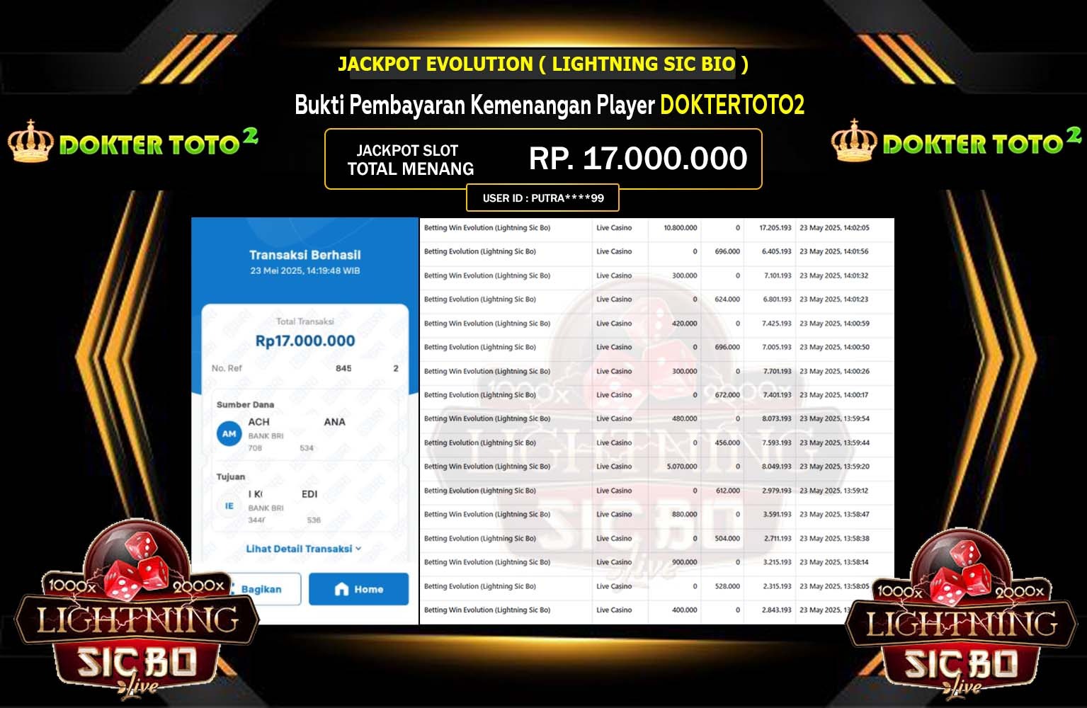 DOKTERTOTO2 JACKPOT Evolution (Lightning Sic Bo) Rp.17.000.000,- LUNAS