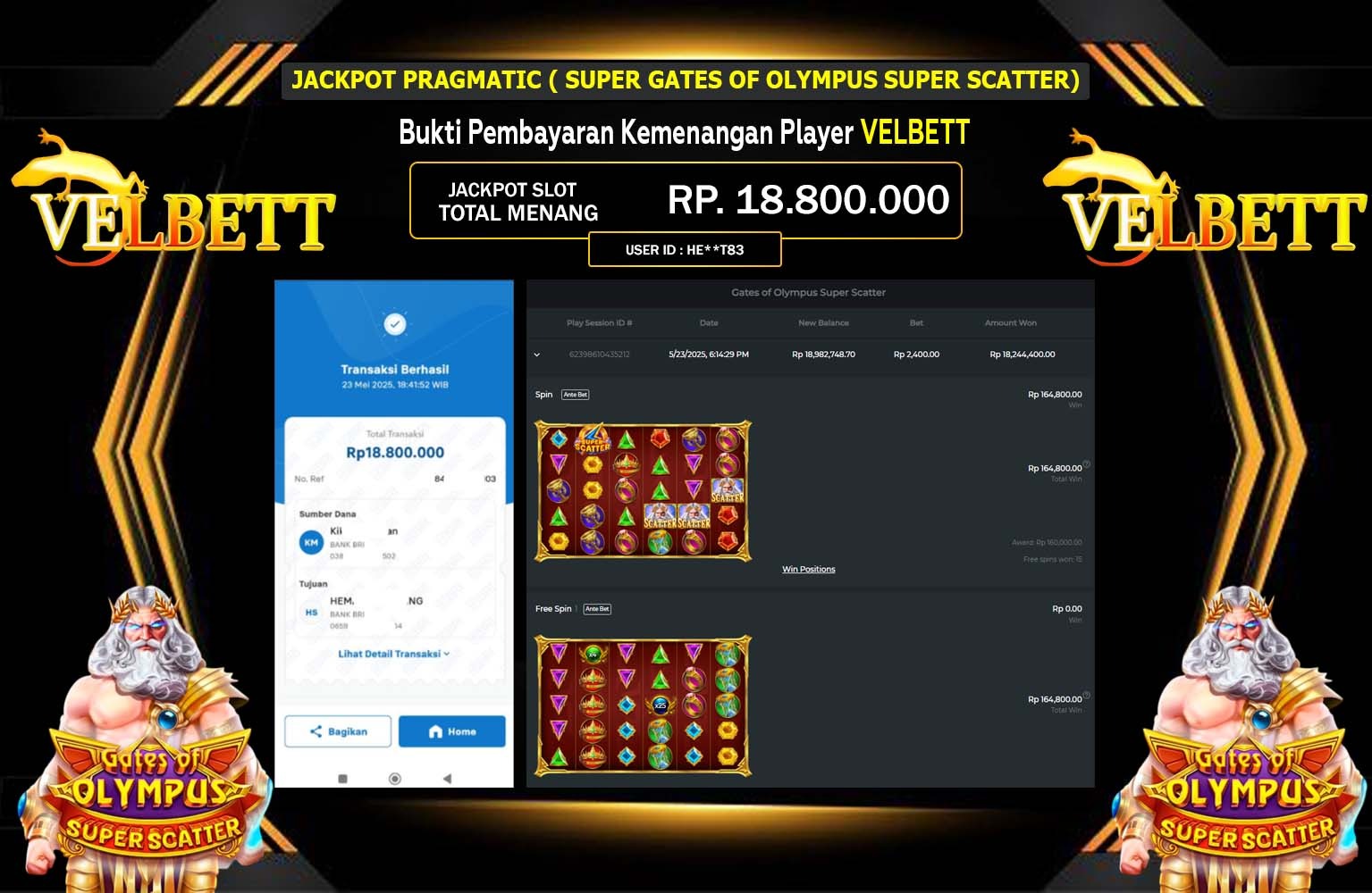 VELBETT JACKPOT Pragmatic (Gates of Olympus Super Scatter) Rp.18.800.000,- LUNAS