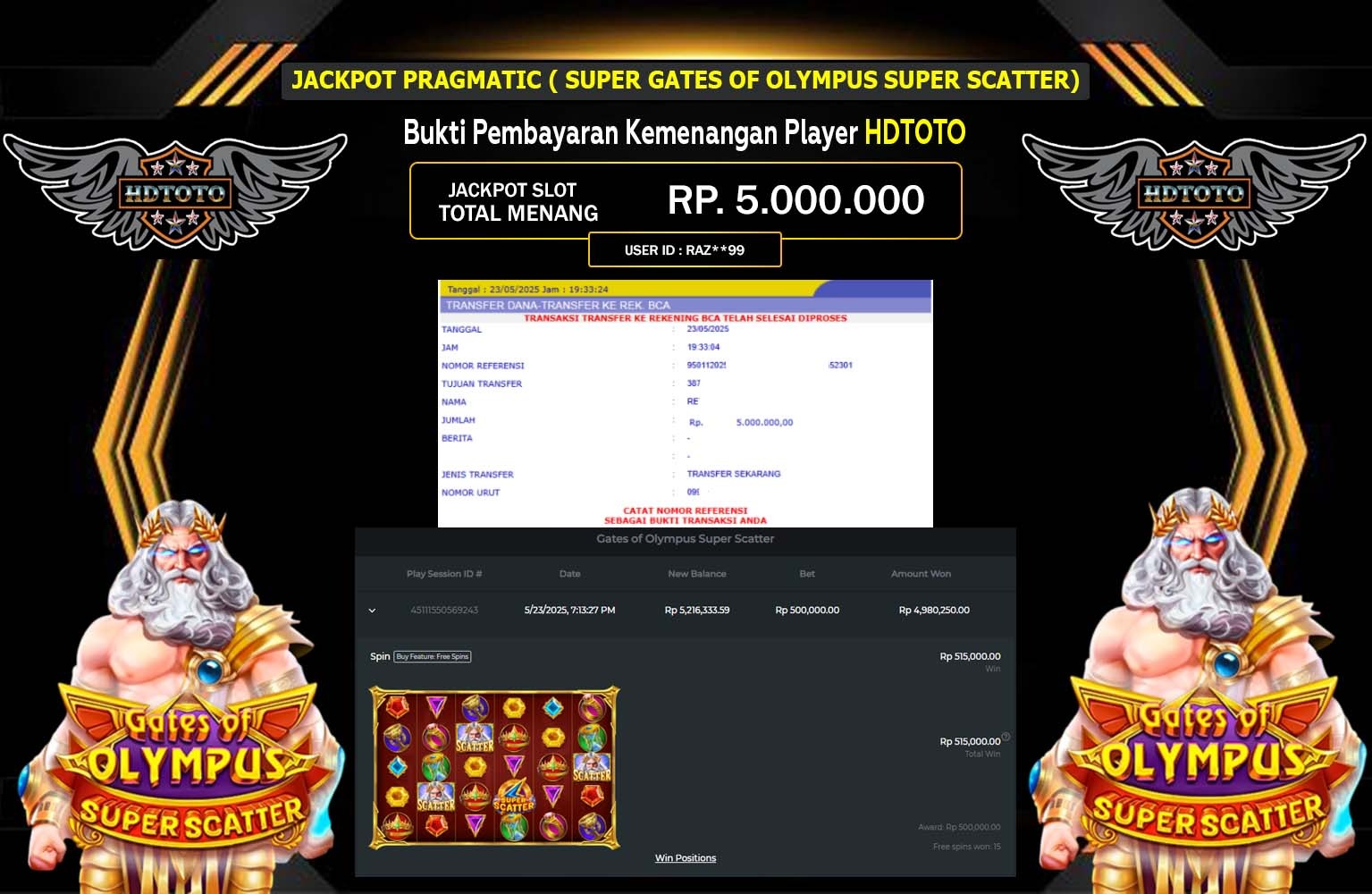 HDTOTO JACKPOT Pragmatic (Gates of Olympus Super Scatter) Rp.5.000.000,- LUNAS