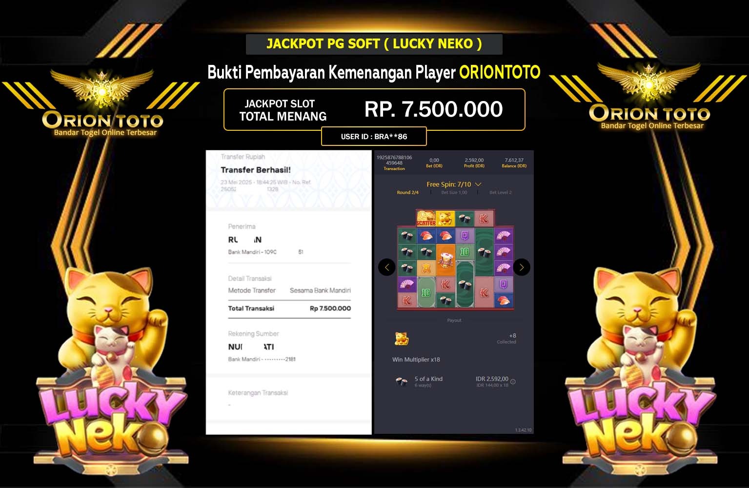 ORIONTOTO JACKPOT Pg Soft (Lucky Neko) Rp.7.500.000,- LUNAS