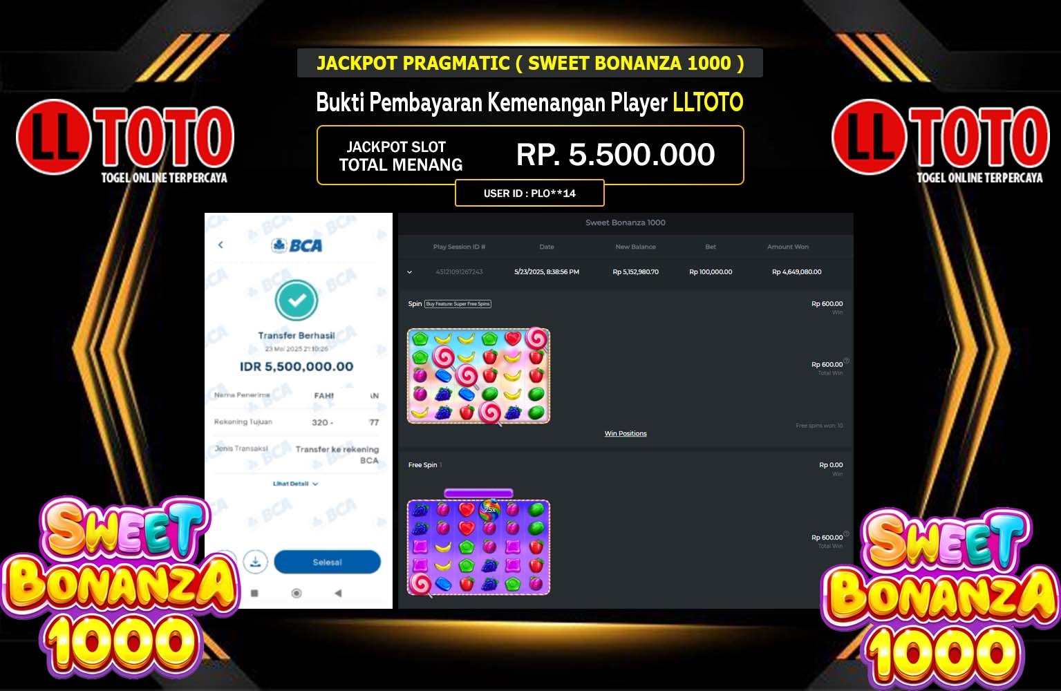 LLTOTO JACKPOT Sweet Bonanza 1000 Rp.5.500.000,- LUNAS