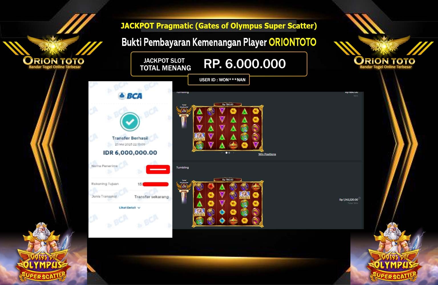 ORIONTOTO JACKPOT Pragmatic (Gates of Olympus Super Scatter)Rp.6.000.000,- LUNAS