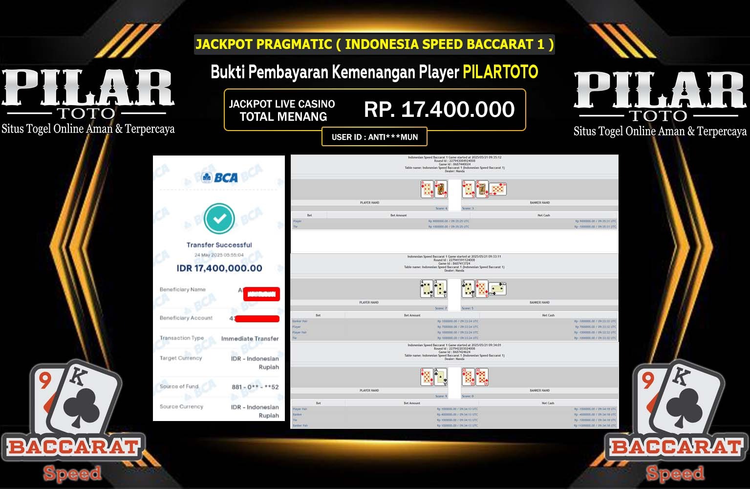 PILARTOTO JACKPOT INDONESIA SPEED BACCARAT Rp.17.400.000,- LUNAS
