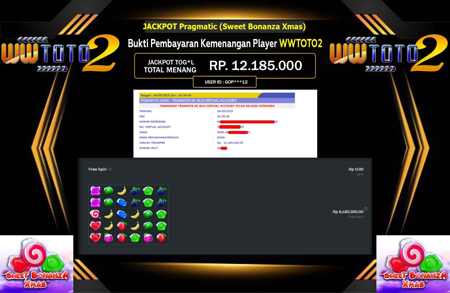 WWTOTO2 JACKPOT Pragmatic (Sweet Bonanza Xmas) Rp.12.185.000,- LUNAS