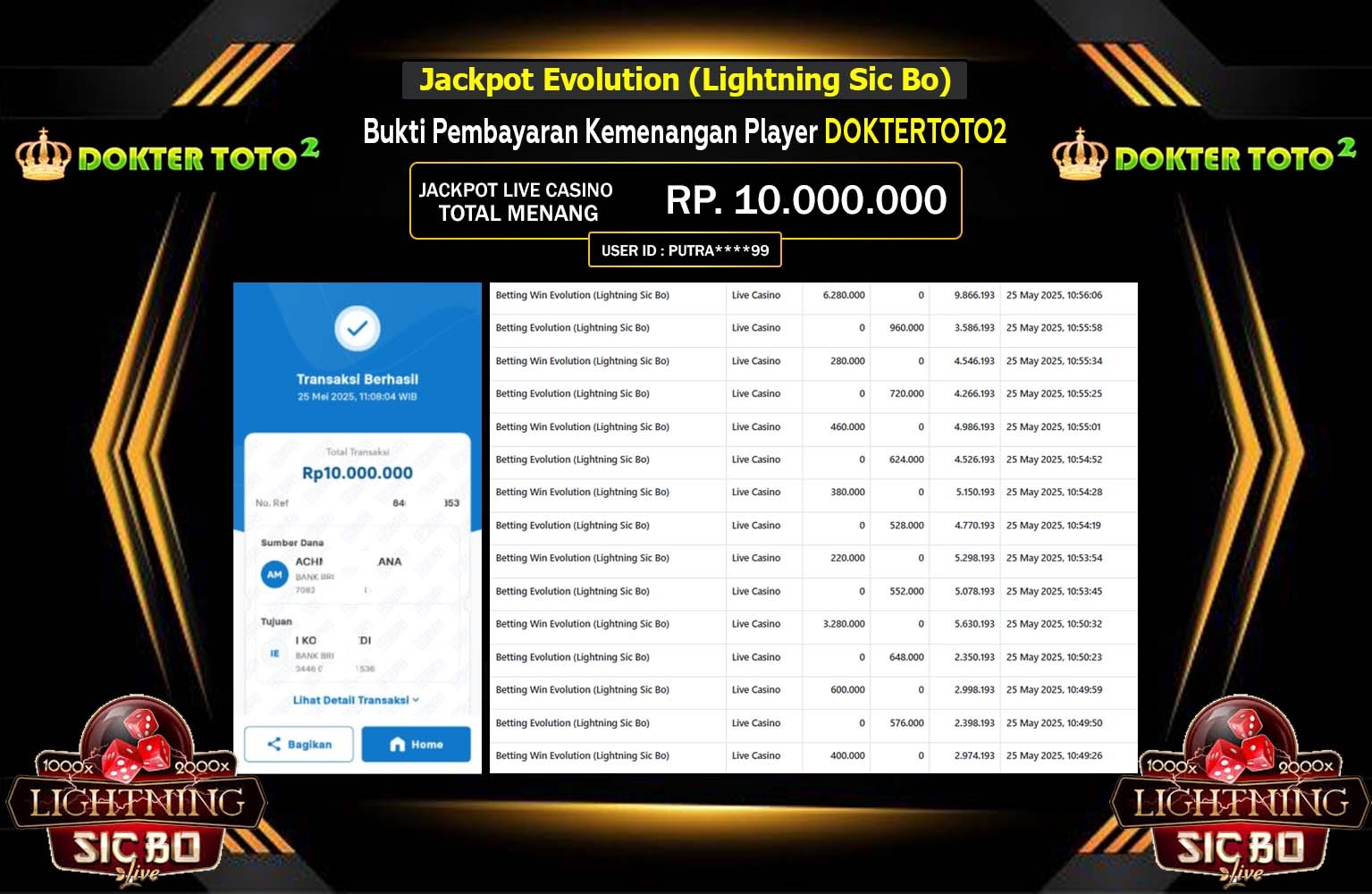 DOKTERTOTO2 JACKPOT Evolution (Lightning Sic Bo) Rp.10.000.000,- LUNAS