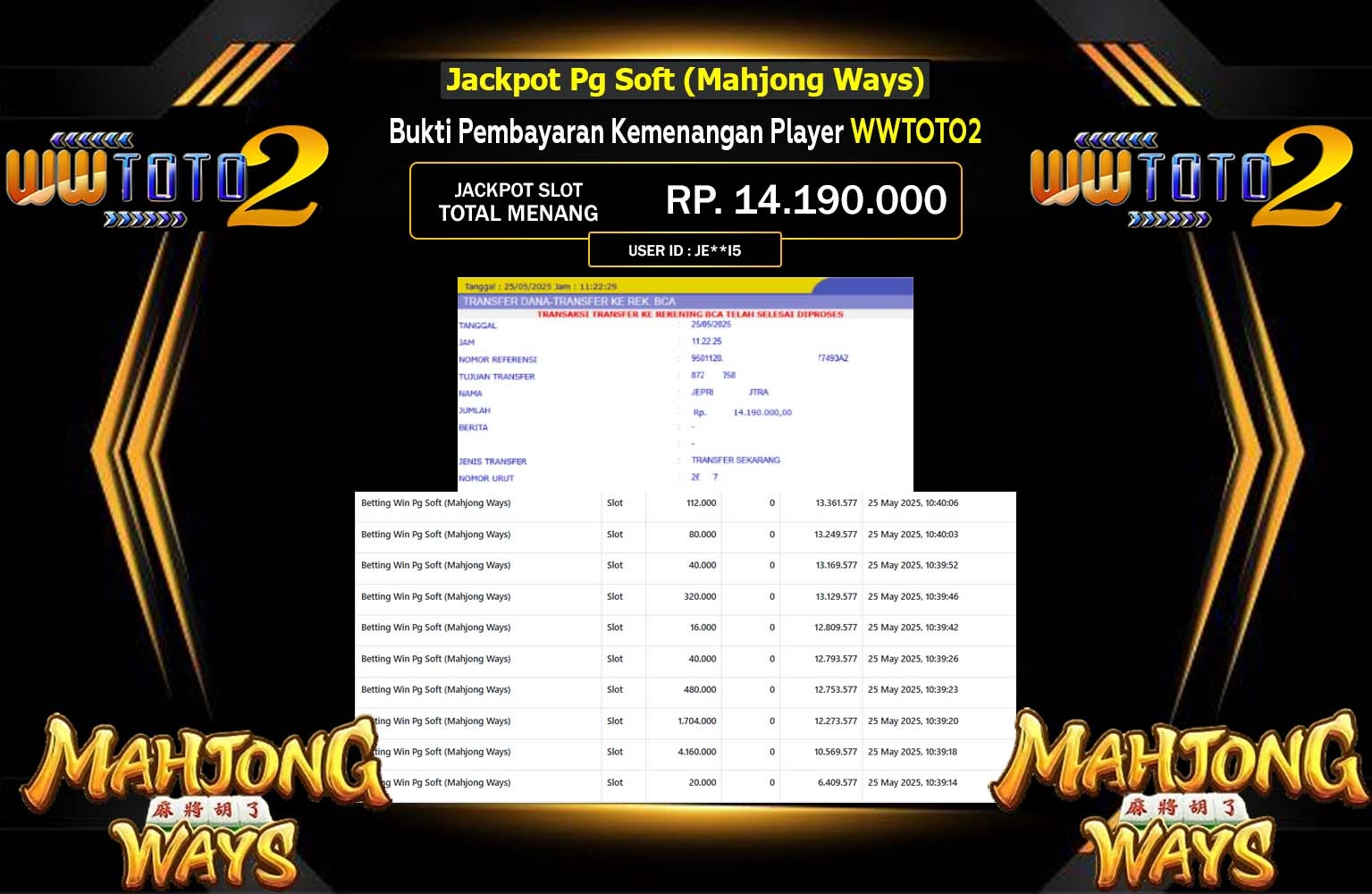 WWTOTO2 JACKPOT Pg Soft (Mahjong Ways) Rp.14.190.000,- LUNAS